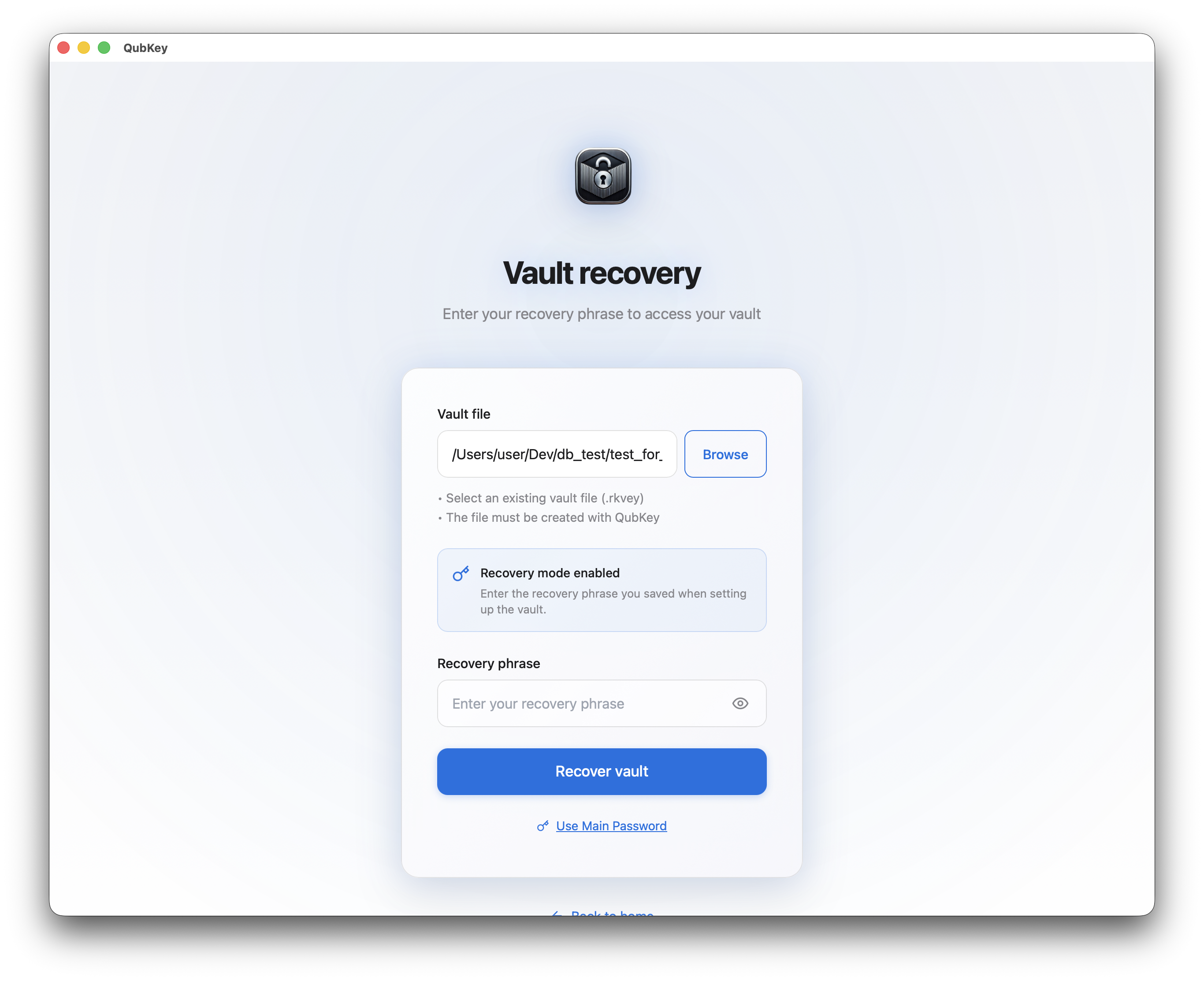 Recovery key screen