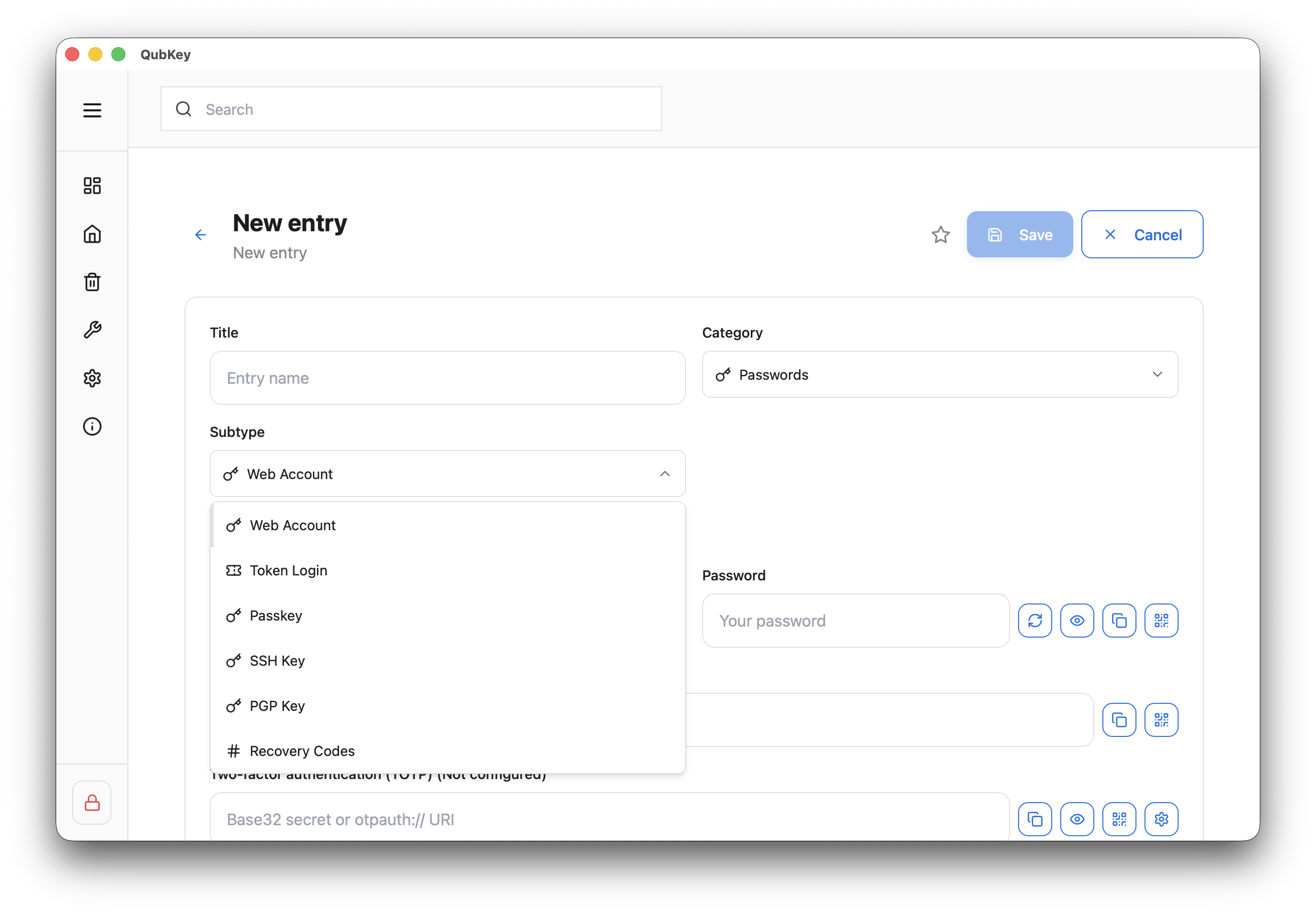Entry type selector
