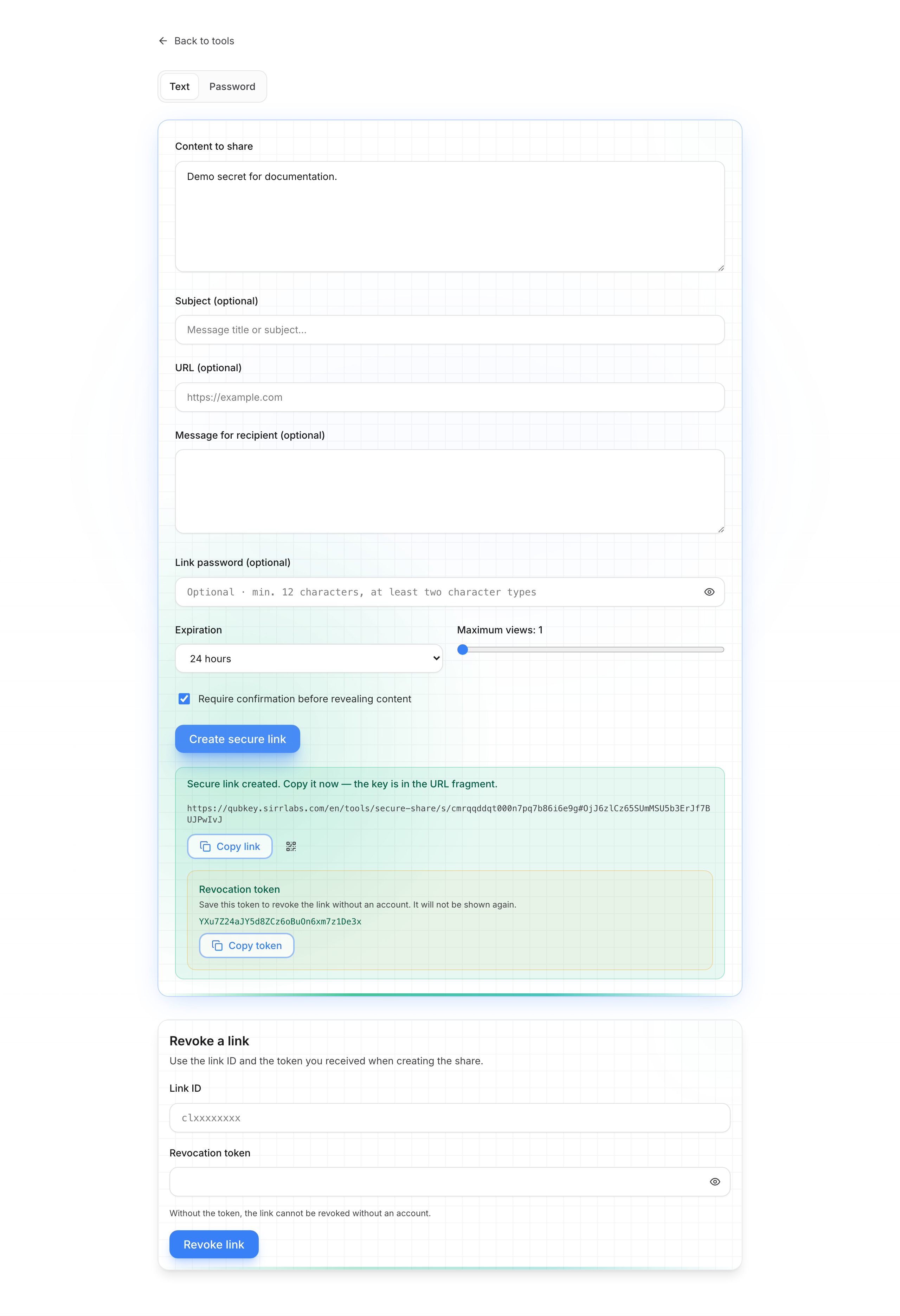 Link created — URL and token